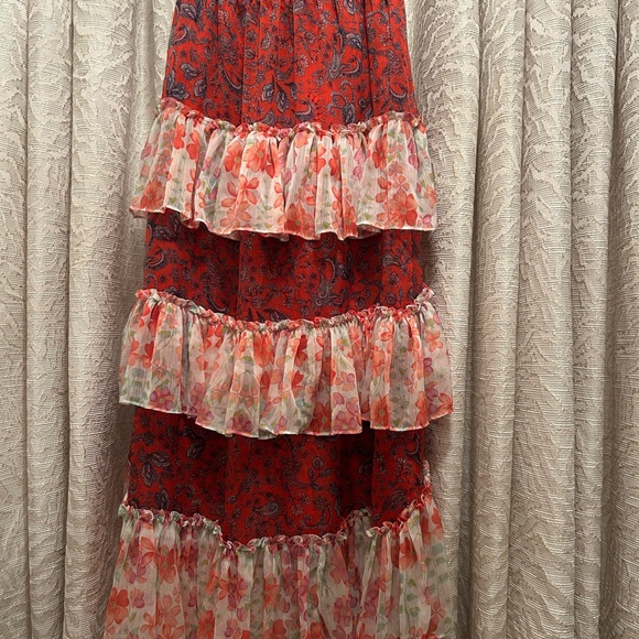 Misa Los Angeles Red Floral Tiered Ruffle Maxi Skirt size XS